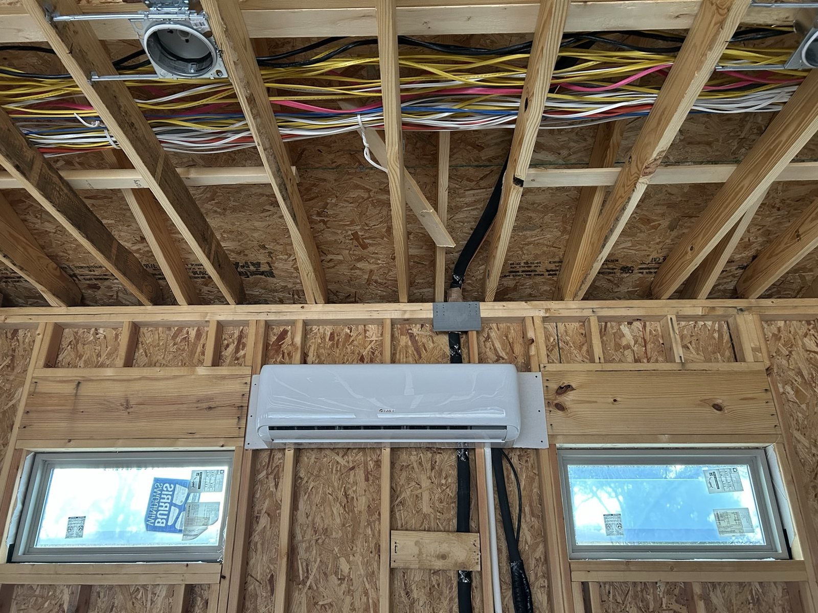 Interior mini-split HVAC equipment installed in framed new construction.