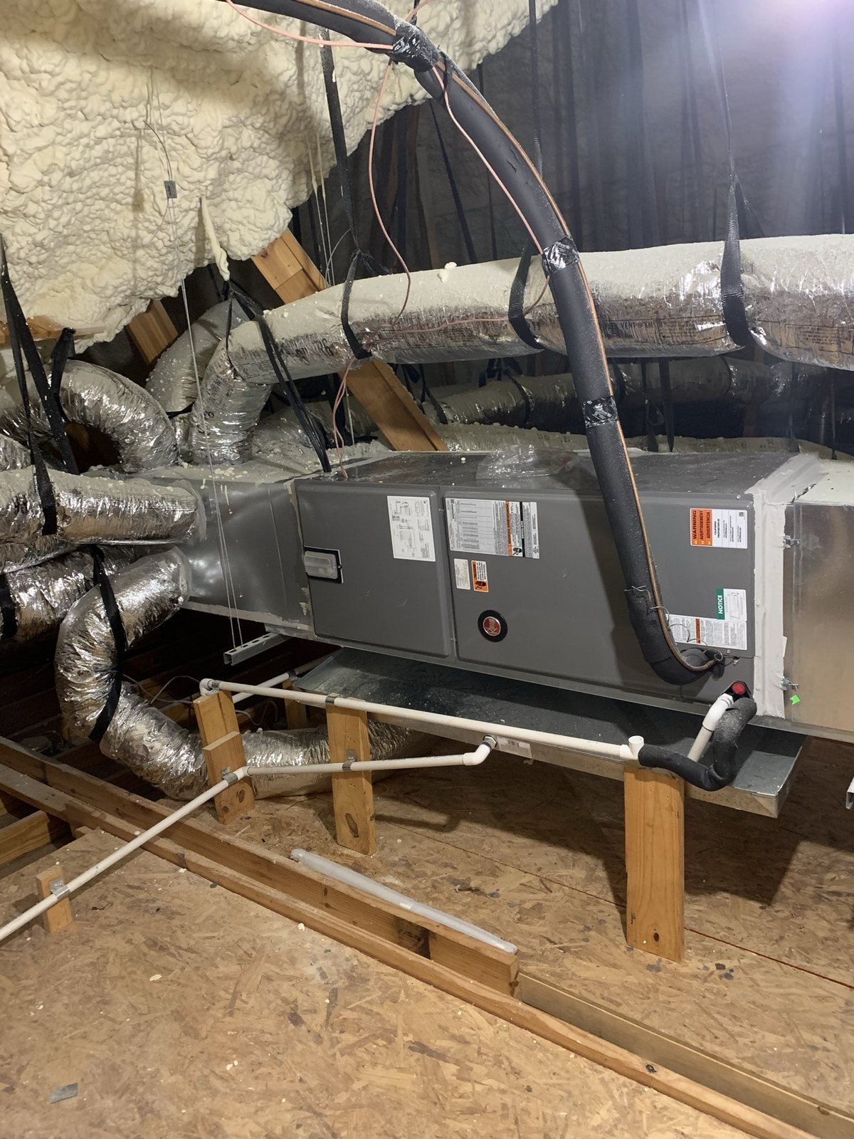 Attic HVAC air handler equipment installed with insulated ductwork.